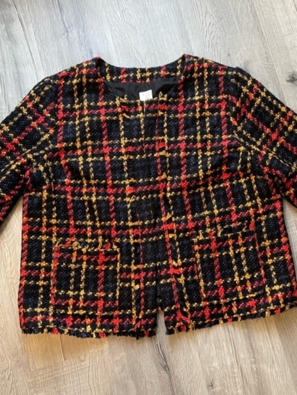 NWT a new day Black Tweed Plaid Jacket with Red and Yellow Accents